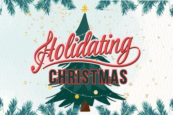Red cursive text on a christmas tree, there are pine needles framing the top and bottom of the image