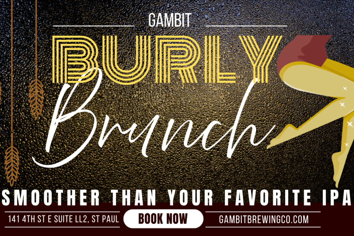 Burlesque girls leg frames the Broadway style title Burly Brunch with cascading wheat surrounding