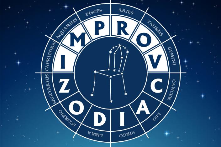 A zodiac wheel chart with the show title in white text over a starry sky background