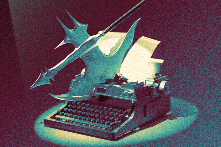 set against a dark background, in a spotlight a medieval ax is struck into a old typewriter that has a sheet of paper fed in ready for typing