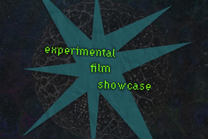 Lime green pixelated text over a blue-green star