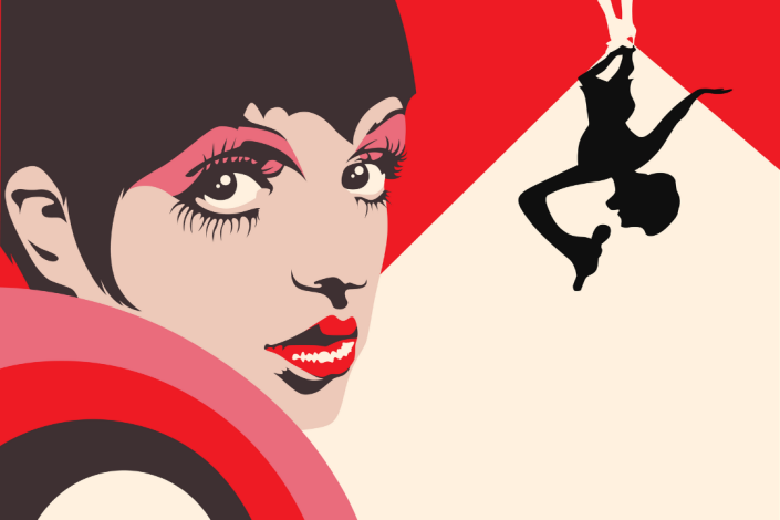 A flat graphic illustration of Liza Minelli - a woman with short black hair and pink eyeshadow on a red and off-white background