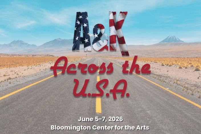 Show title "A&K Across the U.S.A." designed with the colors of the American Flag in front of a background image showing a two lane road across the desert and mountains in the distance.
