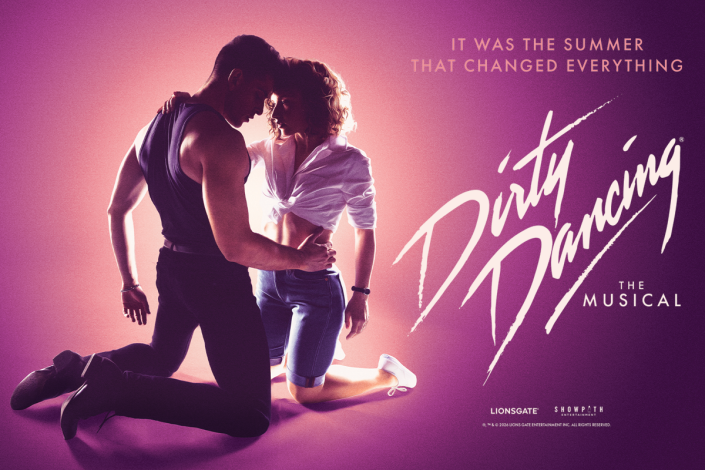 The title of the show next to two figures, one male-presenting and one female-presenting, kneeling in an almost embrace while backlit on a peach-to-purple gradient background