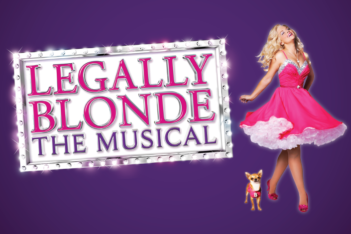 Title of show in a marquee sign next to a woman in hot pink dress with blonde hair twirling around and a chihuahua dog in a matching pink vest at her feet. 