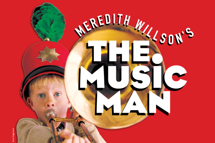 A kid with a trombone and a marching band hat playing their instrument towards the viewer on a bright red background with the title of the show layered on top. 