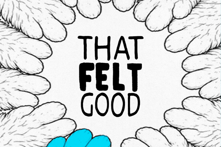 Black handwritten lettering on a white background surrounded by a circle of fuzzy paws reaching towards the center, all are white except one which is a cyan blue