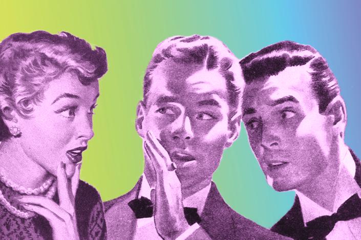 a 1950s-style illustration of three people holding their hands up to their mouths to whisper about a scandal