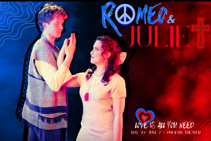 A hippie boy holds the hand of a 60's mod girl in a gentle dance pose as they look into each other's eyes. The words Romeo and Juliet and splashed across the picture.