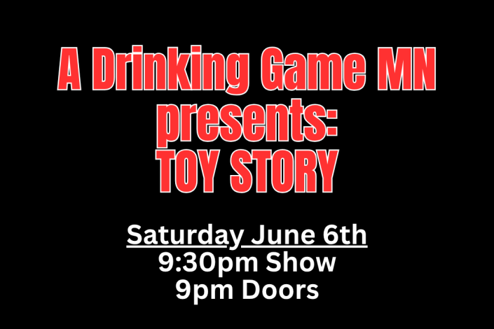 Red text outlined in white on a black background with the show title; show details in white text underneath