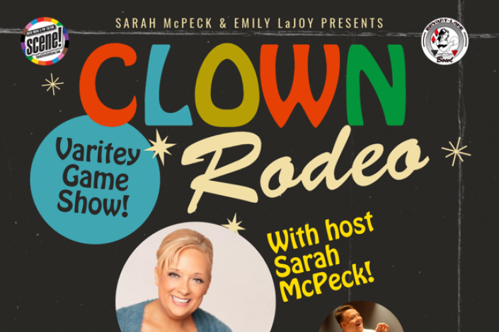 Muted red-orange, blue, yellow, and green text on a dark grey background and a photo of the host
