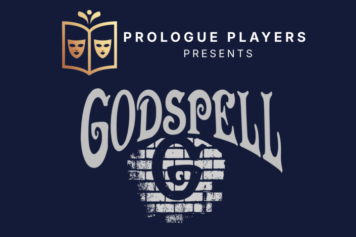 Image of the Godspell and Prologue Players Logos on a deep blue background.