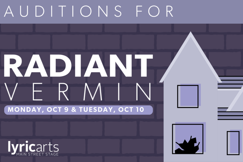 Auditions for Radiant Vermin printed in white text on a purple background with Monday, Oct 9 & Tuesday, Oct 10 in white text below