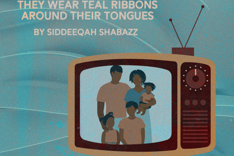 Cartoon black family on vintage television with teal ribboned background