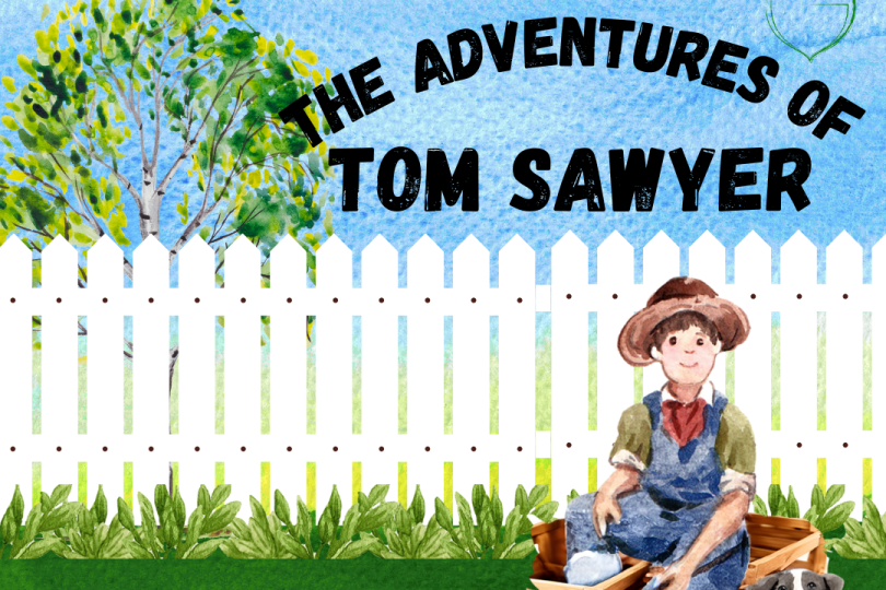 a boy (Tom Sawyer) sitting next to a white fence 