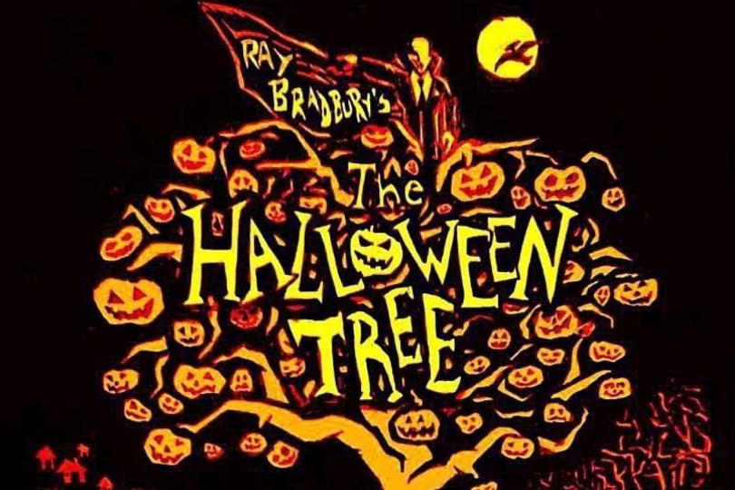 A woodcut style illustration of a tree full of jack-o-lanterns and the words " Ray Bradbury's The Halloween Tree"