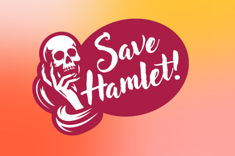 A hand holding a skull that says Save Hamlet with a pink and orange background