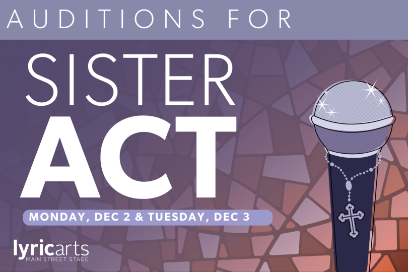 Auditions for Sister Act Monday, Dec 2 & Tuesday, Dec 3 in white text on purple gradient background