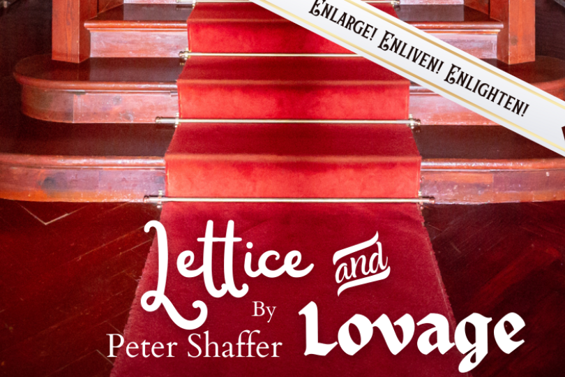 Show poster: A grand wooden staircase with red velvet stair runner.