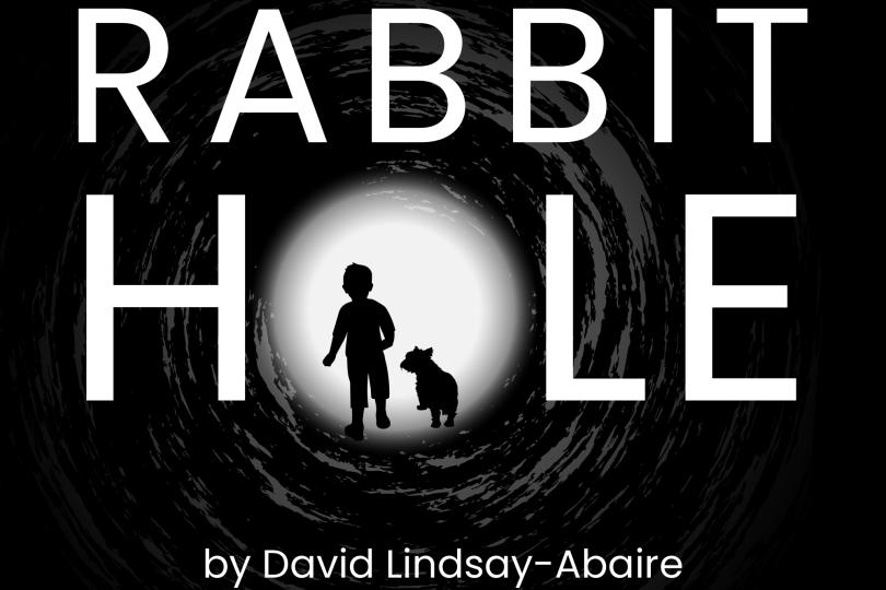 black background the words Rabbit Hole in white the O in hole is a white circle in the center with a black silhouette of a child and dog