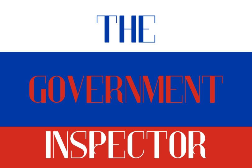 The words "The Government Inspector" over the Russian flag