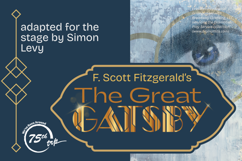 Art Deco–style poster for The Great Gatsby featuring gold lettering on a deep blue background with an ominous close-up of a weathered eyeglasses billboard.