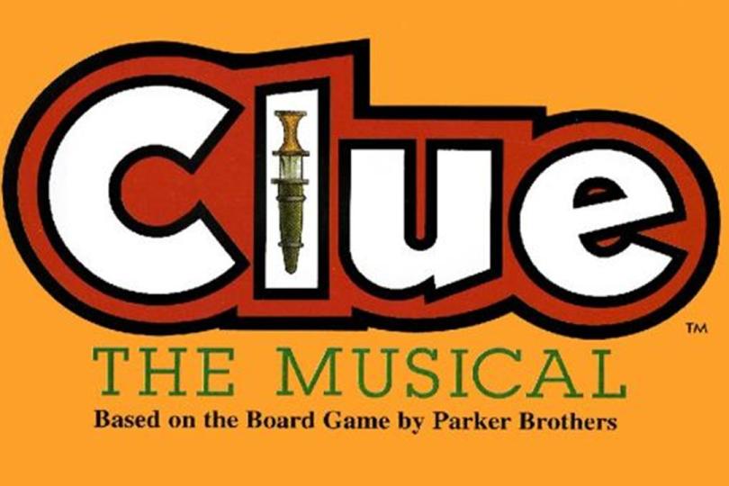Yellow background, red outlined words spelling Clue with dagger as the letter l. Green words below stating the musical.