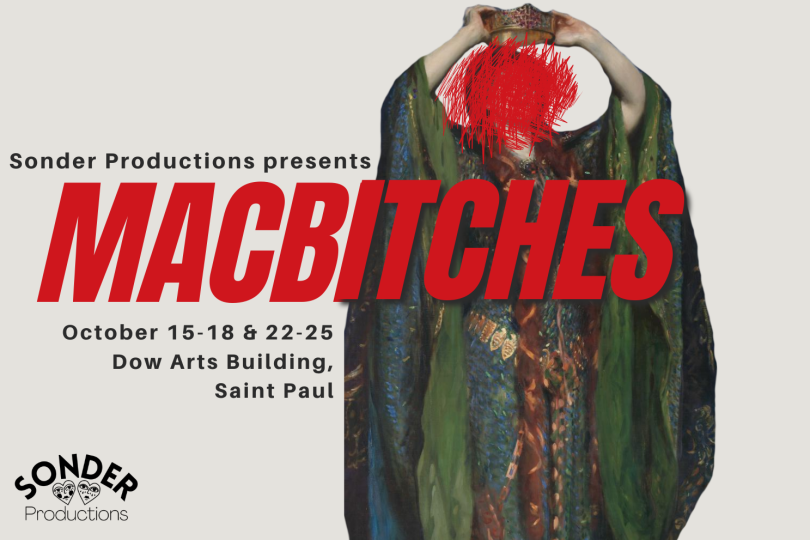 Image of Lady Macbeth with her face scratched out in red pen with the title MACBITCHES red in the center