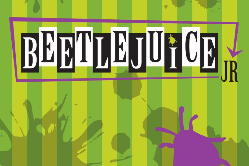White and black Beetlejuice Jr logo on green striped background.