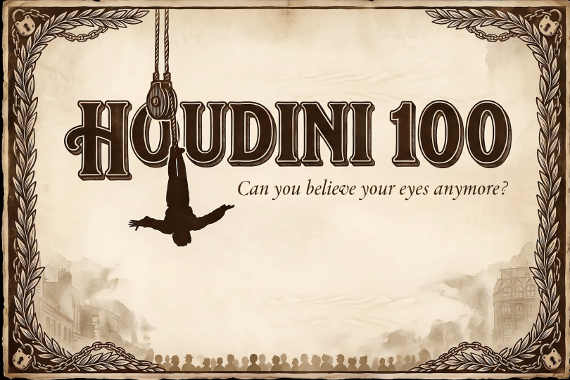 A sepia-toned image. Text that says "HOUDINI 100" and tagline "Can you believe your eyes anymore?". A silhouette of Harry Houdini hanging by his ankles from a crane. Arms held out to the sides, free, he has just escaped from a straight jacket in mid air. A crowd of people watch from below.