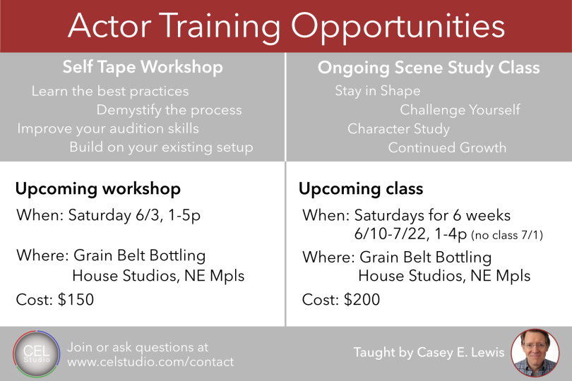 2 Upcoming Training Opportunities – Self Tape Workshop & Scene Study Class