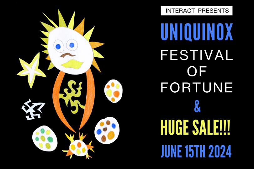 Figure that has been drawn with the sun for head and face.  Figure is surrounded by shapes and paint pallates. Text says Huge Sale June 15th