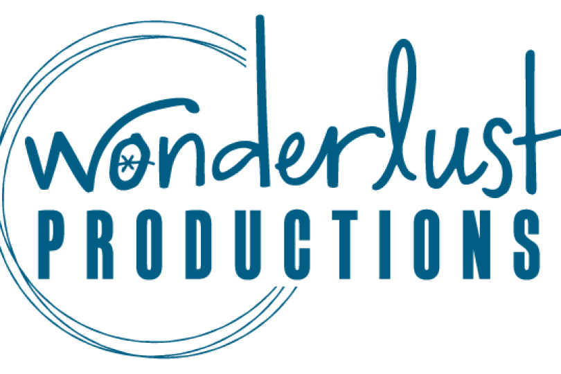 Wonderlust's logo, which has Wonderlust in a handwritten font and Productions in big block letters, there are three big circles  around the left side of the logo and a star inside the O in Wonderlust. We spend a lot of time working in circles, so it's embedded in our logo.