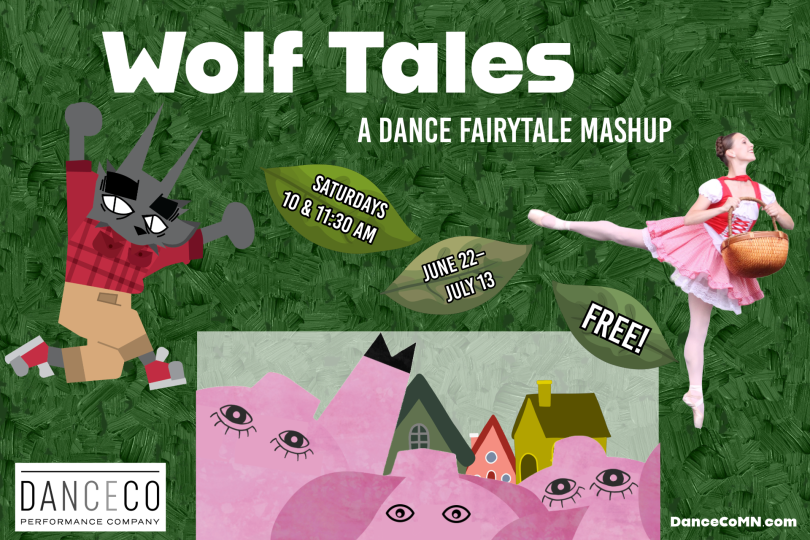 A dancer and dancing wolf with text saying, “Wolf Tales, a dance fairytale mashup.”