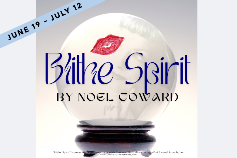 A crystal ball with a red lipstick kiss on it. A woman’s face can very faintly be seen inside. Text: Blithe Spirit by Noel Coward.