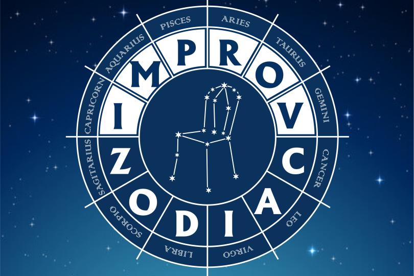 A zodiac wheel chart with the show title in white text over a starry sky background