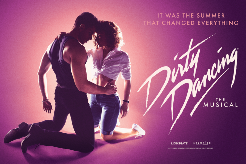 The title of the show next to two figures, one male-presenting and one female-presenting, kneeling in an almost embrace while backlit on a peach-to-purple gradient background