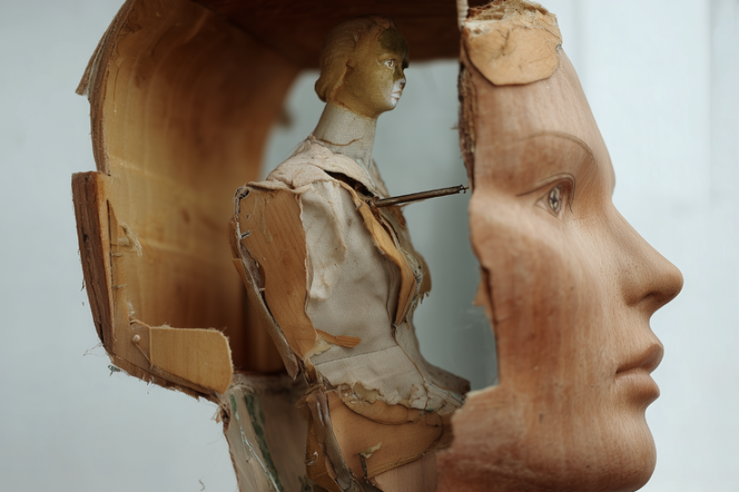a small broken mannequin sitting inside the head of a larger broken mannequin